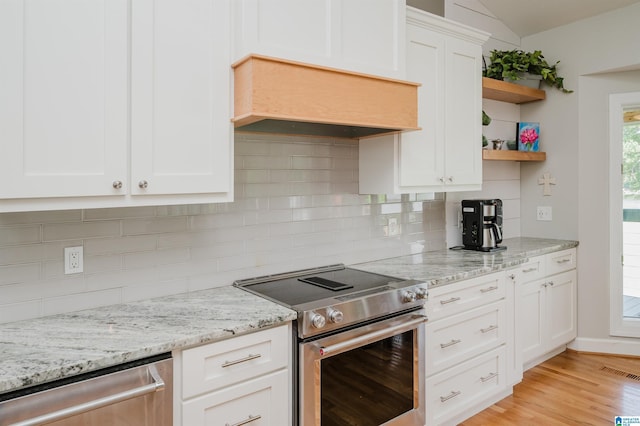 212 Bellbrook Dr, Cropwell, AL 35054 - kitchen featuring appliances with stainless steel finishes, open shelves, white cabinets, light stone counters, and backsplash