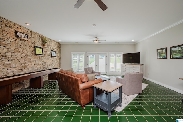 212 Bellbrook Dr, Cropwell, AL 35054 - tiled living room featuring ceiling fan, ornamental molding, and recessed lighting