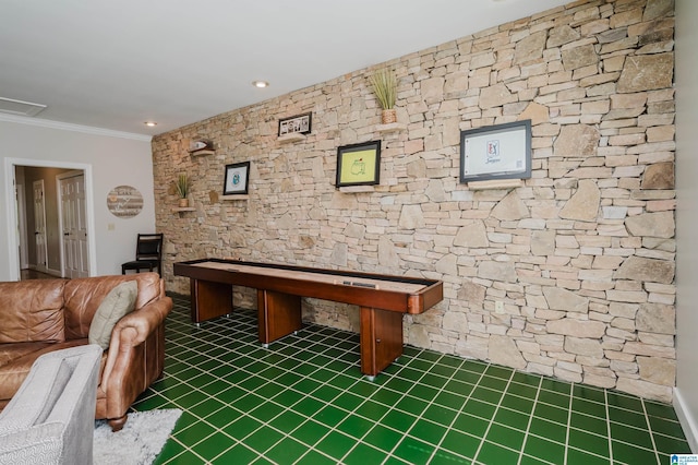 212 Bellbrook Dr, Cropwell, AL 35054 - game room featuring tile patterned flooring, ornamental molding, and recessed lighting