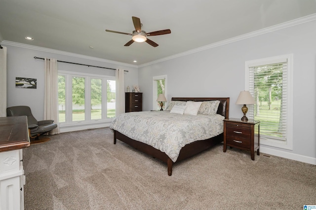 212 Bellbrook Dr, Cropwell, AL 35054 - bedroom with carpet, multiple windows, crown molding, ceiling fan, and recessed lighting