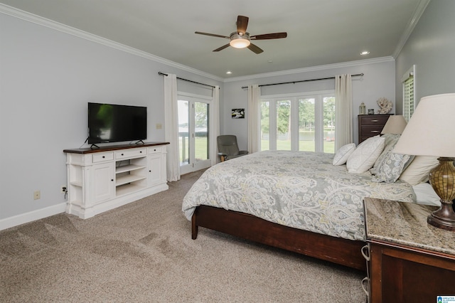212 Bellbrook Dr, Cropwell, AL 35054 - bedroom featuring access to exterior, light colored carpet, crown molding, ceiling fan, and recessed lighting