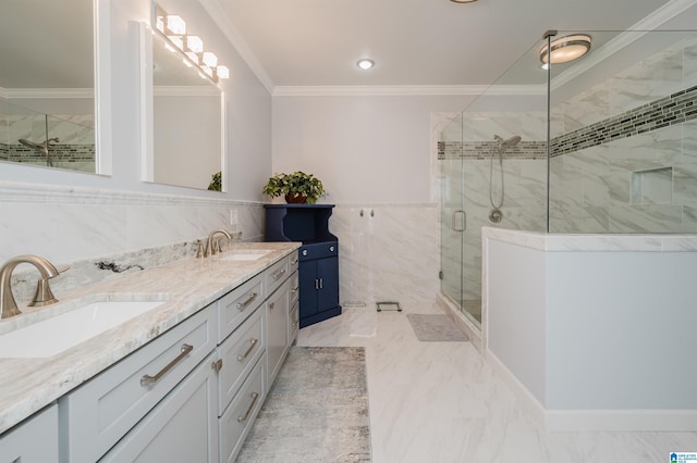212 Bellbrook Dr, Cropwell, AL 35054 - bathroom with tile walls, double vanity, a shower stall, ornamental molding, and marble finish flooring