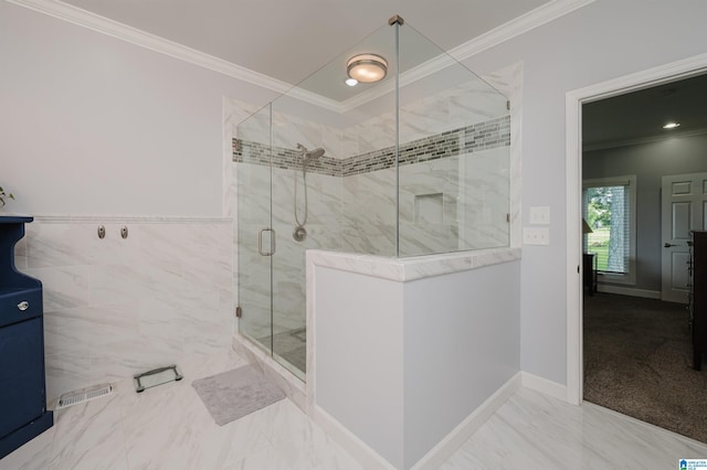 212 Bellbrook Dr, Cropwell, AL 35054 - full bath featuring ornamental molding, a stall shower, and marble finish flooring