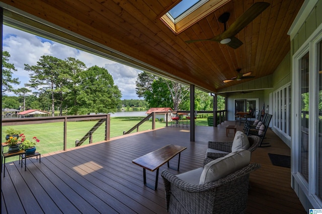 212 Bellbrook Dr, Cropwell, AL 35054 - wooden terrace featuring a water view, a ceiling fan, and a lawn