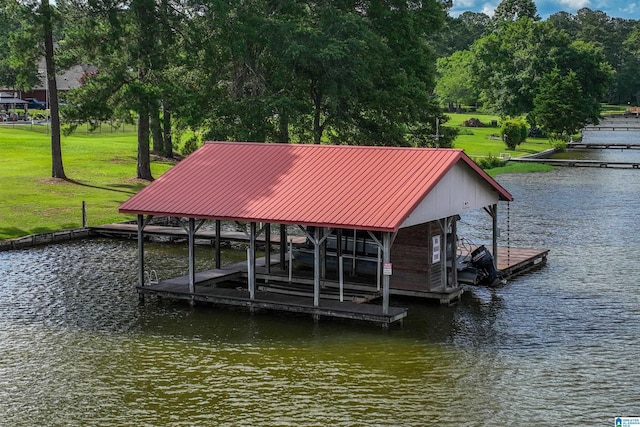 212 Bellbrook Dr, Cropwell, AL 35054 - dock area with boat lift, a water view, view of wooded area, and a lawn