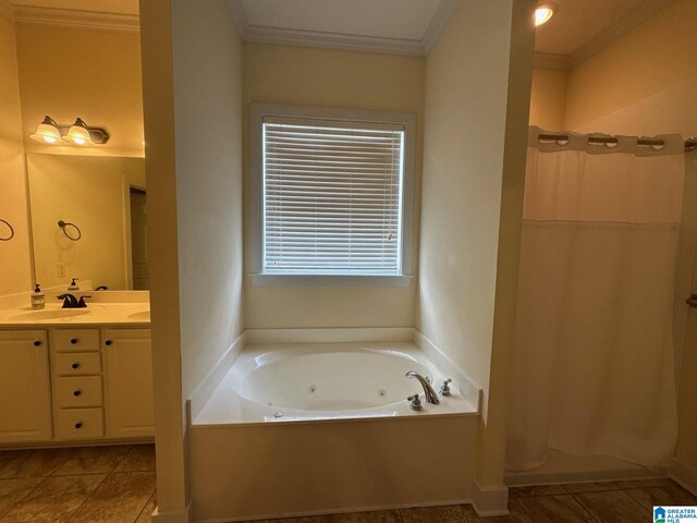 5433 Wisteria Trce, Trussville, AL 35173 - full bathroom featuring a whirlpool tub, double vanity, crown molding, tile patterned floors, and curtained shower