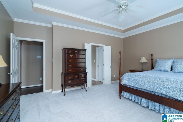 214 Quail Ridge Rd, Helena, AL 35080 - bedroom with carpet, crown molding, a raised ceiling, and a ceiling fan