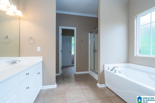 214 Quail Ridge Rd, Helena, AL 35080 - full bathroom featuring vanity, a bath, ornamental molding, a stall shower, and tile patterned flooring