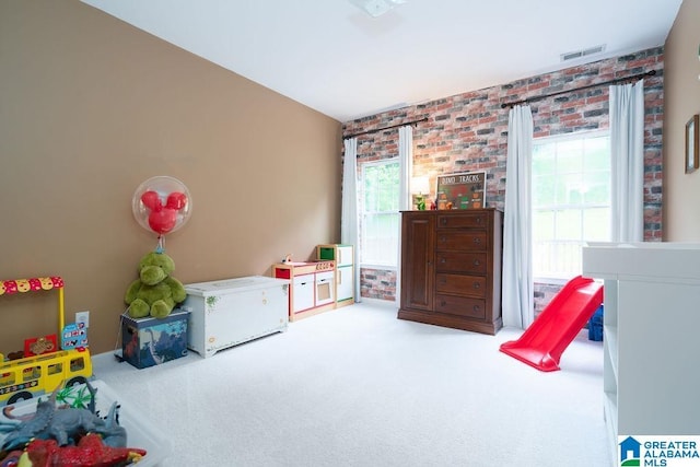 214 Quail Ridge Rd, Helena, AL 35080 - playroom featuring carpet flooring and brick wall