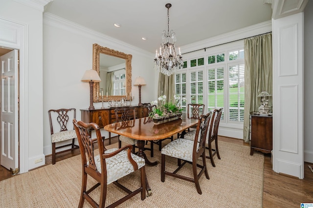 101 Mountain Ave, Mountain Brook, AL 35213 - dining room featuring crown molding, a chandelier, wood finished floors, and recessed lighting