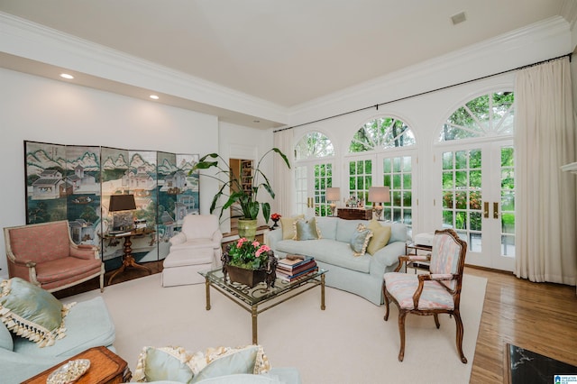 101 Mountain Ave, Mountain Brook, AL 35213 - living area with french doors, ornamental molding, plenty of natural light, wood finished floors, and recessed lighting