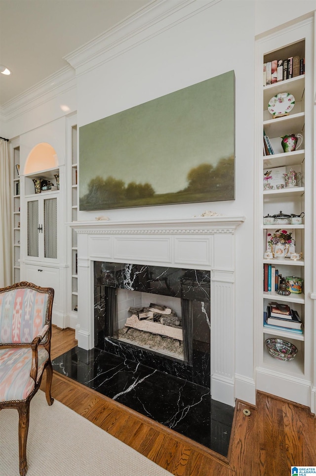 101 Mountain Ave, Mountain Brook, AL 35213 - detailed view of a fireplace, crown molding, wood finished floors, and built in features