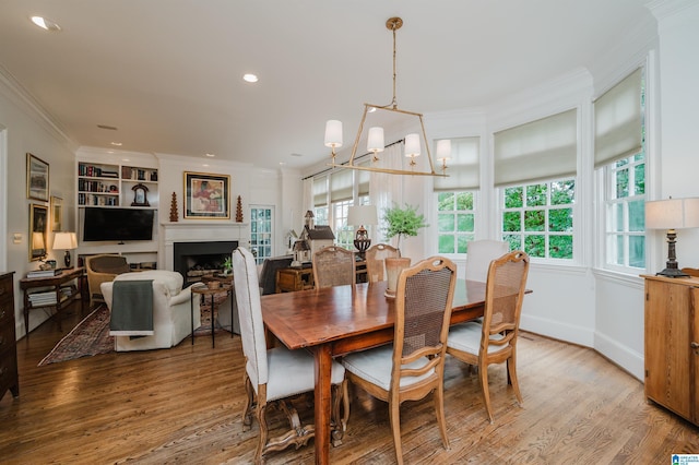101 Mountain Ave, Mountain Brook, AL 35213 - dining space with wood finished floors, ornamental molding, a fireplace, recessed lighting, and a chandelier