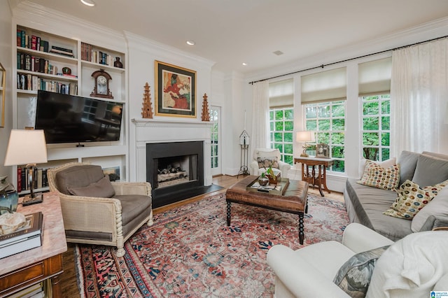 101 Mountain Ave, Mountain Brook, AL 35213 - living room with crown molding, wood finished floors, a fireplace, and recessed lighting