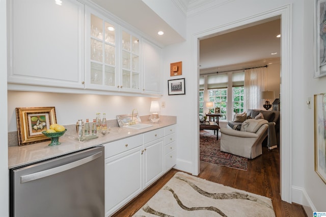 101 Mountain Ave, Mountain Brook, AL 35213 - indoor wet bar with stainless steel dishwasher, dark wood-style flooring, crown molding, and recessed lighting