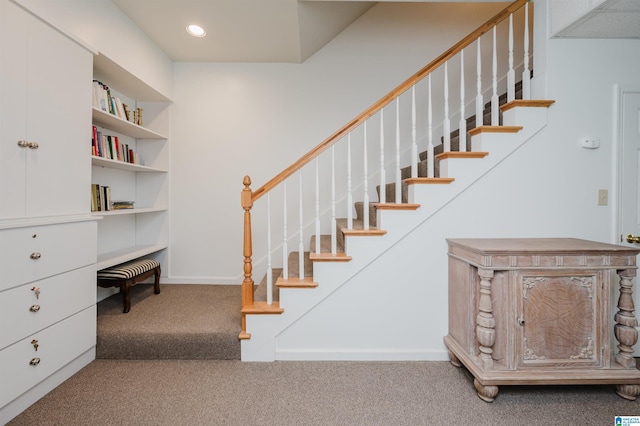 101 Mountain Ave, Mountain Brook, AL 35213 - stairway with carpet, built in desk, and recessed lighting