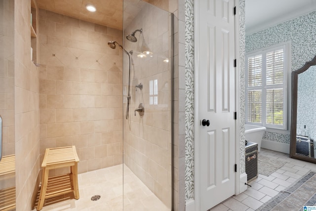 1528 Wellington Rd, Homewood, AL 35209 - full bathroom with tiled shower, wallpapered walls, radiator heating unit, a soaking tub, and tile patterned floors