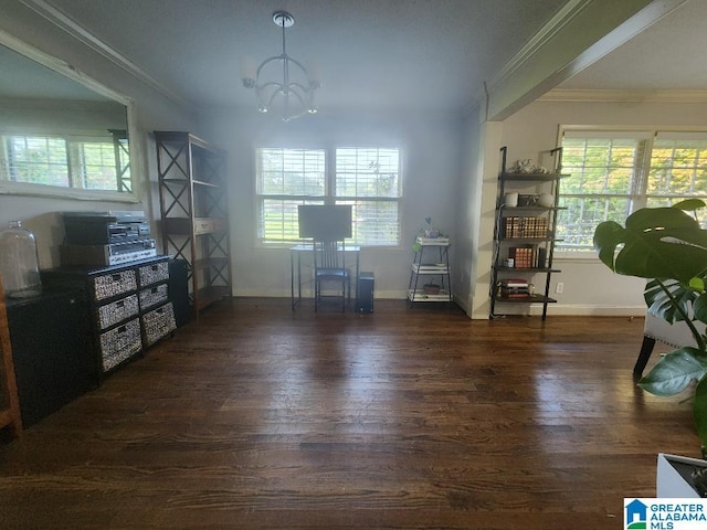 2030 Carraway St, Birmingham, AL 35235 - office with ornamental molding, wood finished floors, healthy amount of natural light, and a chandelier
