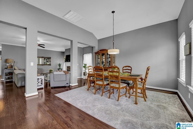 2165 Overlook Pl, Trussville, AL 35173 - dining space featuring wood finished floors, ceiling fan, and lofted ceiling