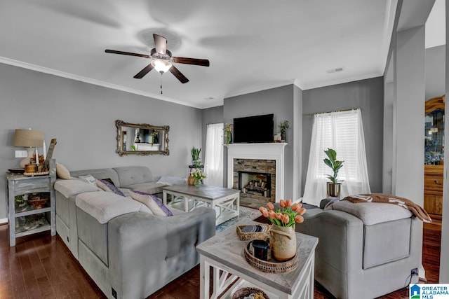 2165 Overlook Pl, Trussville, AL 35173 - living area featuring ceiling fan, dark wood finished floors, a fireplace, and ornamental molding
