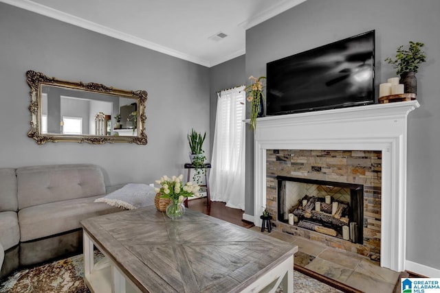 2165 Overlook Pl, Trussville, AL 35173 - living room featuring crown molding and a fireplace