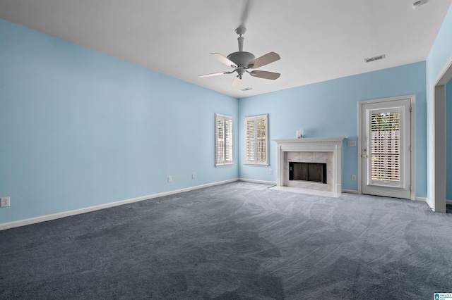 147 Old Brook Pl, Birmingham, AL 35242 - unfurnished living room with carpet, a tile fireplace, and ceiling fan