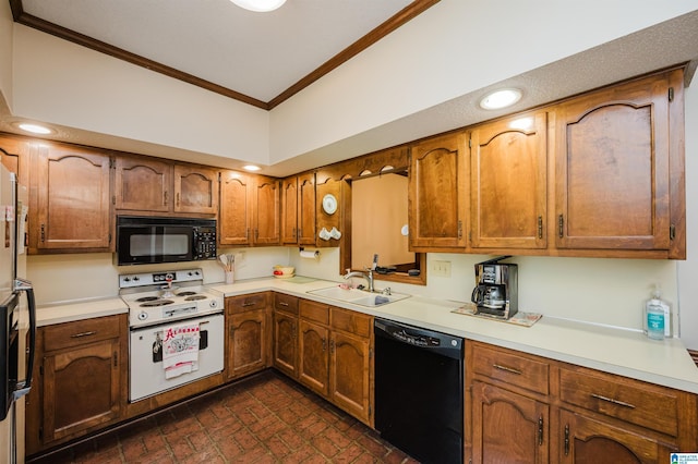 2418 Richelieu Ln, Hoover, AL 35216 - kitchen with black appliances, ornamental molding, light countertops, brick patterned flooring, and brown cabinets