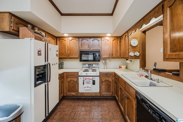 2418 Richelieu Ln, Hoover, AL 35216 - kitchen featuring black appliances, brick floors, crown molding, brown cabinetry, and light countertops