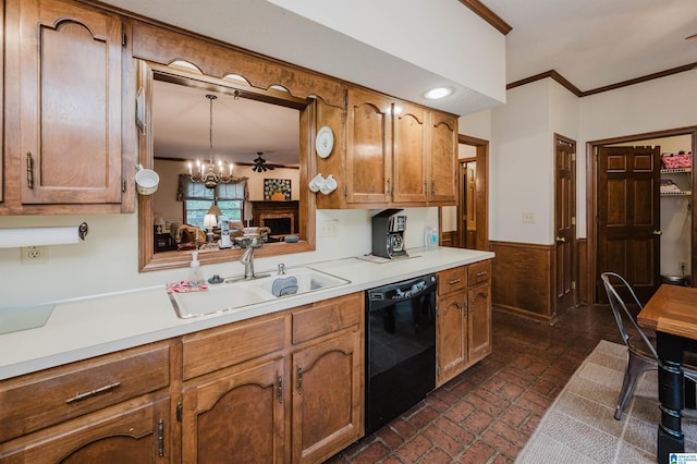 2418 Richelieu Ln, Hoover, AL 35216 - kitchen featuring dishwasher, brick floors, crown molding, light countertops, and wainscoting