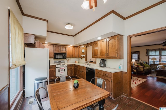 2418 Richelieu Ln, Hoover, AL 35216 - kitchen featuring black appliances, ceiling fan, ornamental molding, brown cabinets, and light countertops