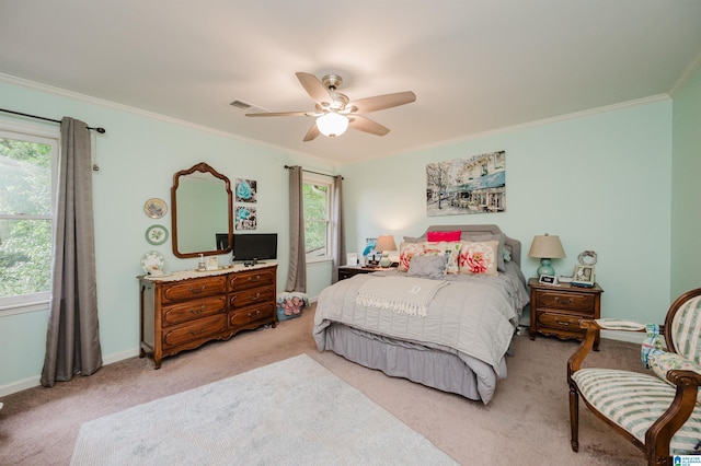 2418 Richelieu Ln, Hoover, AL 35216 - bedroom featuring light carpet, crown molding, and ceiling fan