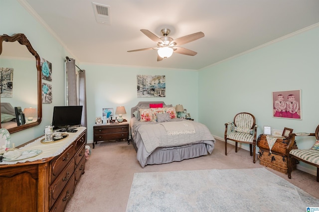2418 Richelieu Ln, Hoover, AL 35216 - bedroom featuring light colored carpet, ornamental molding, and a ceiling fan