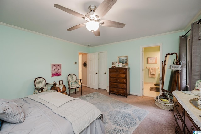 2418 Richelieu Ln, Hoover, AL 35216 - carpeted bedroom featuring ornamental molding, ceiling fan, connected bathroom, and a closet