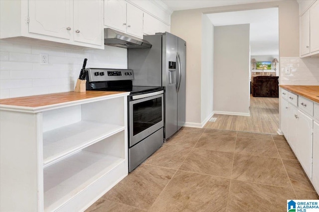 1818 Hillcrest Rd NE, Center Point, AL 35215 - kitchen featuring stainless steel electric range, under cabinet range hood, white cabinetry, and decorative backsplash