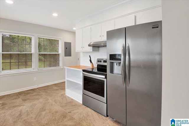 1818 Hillcrest Rd NE, Center Point, AL 35215 - kitchen with appliances with stainless steel finishes, electric panel, under cabinet range hood, white cabinets, and recessed lighting