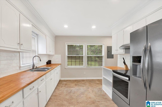 1818 Hillcrest Rd NE, Center Point, AL 35215 - kitchen with stainless steel appliances, under cabinet range hood, electric panel, white cabinets, and decorative backsplash