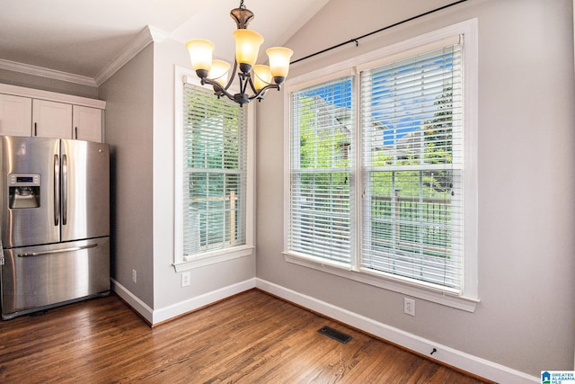 832 Meadow Ridge Ln, Birmingham, AL 35242 - unfurnished dining area with a chandelier, ornamental molding, and dark wood finished floors