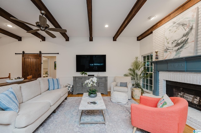 3204 Woodford Way, Birmingham, AL 35242 - living room with a ceiling fan, a barn door, wood finished floors, a fireplace, and recessed lighting