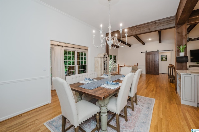 3204 Woodford Way, Birmingham, AL 35242 - dining area with a barn door, a chandelier, light wood finished floors, and beam ceiling