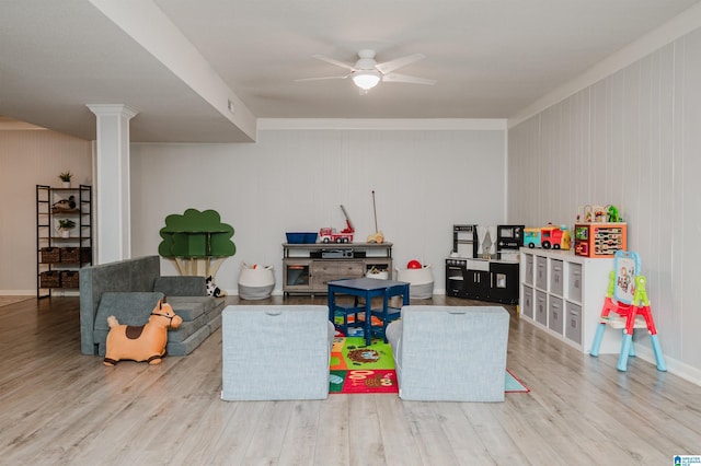 3204 Woodford Way, Birmingham, AL 35242 - game room featuring wood finished floors, a ceiling fan, ornate columns, and wooden walls