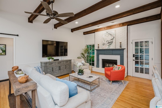3204 Woodford Way, Birmingham, AL 35242 - living area with wood finished floors, recessed lighting, ceiling fan, a fireplace, and beam ceiling