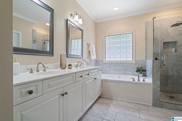 5912 Waterscape Pass, Hoover, AL 35244 - full bathroom featuring double vanity, a garden tub, a shower stall, ornamental molding, and recessed lighting