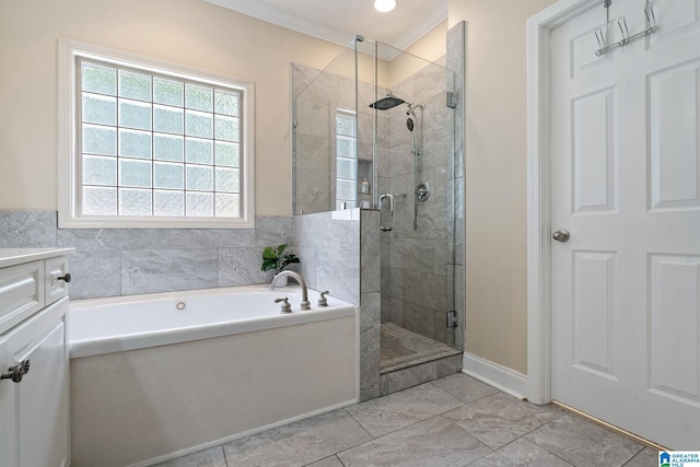 5912 Waterscape Pass, Hoover, AL 35244 - full bath featuring a garden tub, a shower stall, crown molding, and vanity