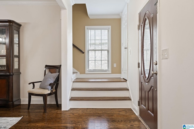 5912 Waterscape Pass, Hoover, AL 35244 - foyer entrance featuring ornamental molding, dark wood-style flooring, and stairs