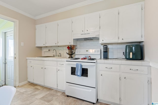 104 Phillips Cir, Columbiana, AL 35051 - kitchen featuring electric range, under cabinet range hood, tile counters, white cabinets, and crown molding