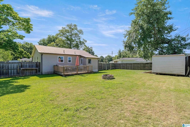 104 Phillips Cir, Columbiana, AL 35051 - back of house with an outdoor fire pit, a fenced backyard, a deck, and a metal roof