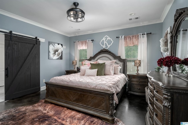11967 Glen Ridge Blvd, Moundville, AL 35474 - bedroom featuring finished concrete floors, a barn door, and crown molding