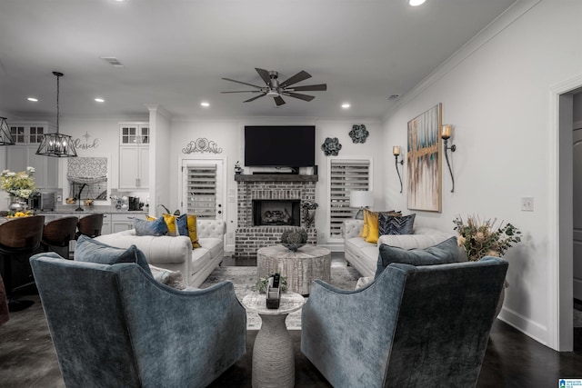 11967 Glen Ridge Blvd, Moundville, AL 35474 - living room with ceiling fan, recessed lighting, a brick fireplace, and ornamental molding