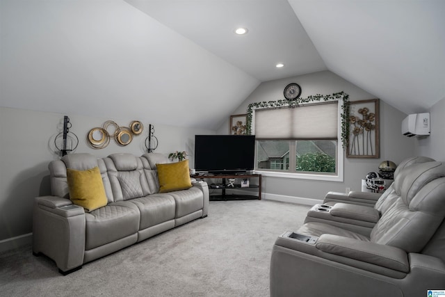 11967 Glen Ridge Blvd, Moundville, AL 35474 - carpeted living room with lofted ceiling, a wall unit AC, and recessed lighting