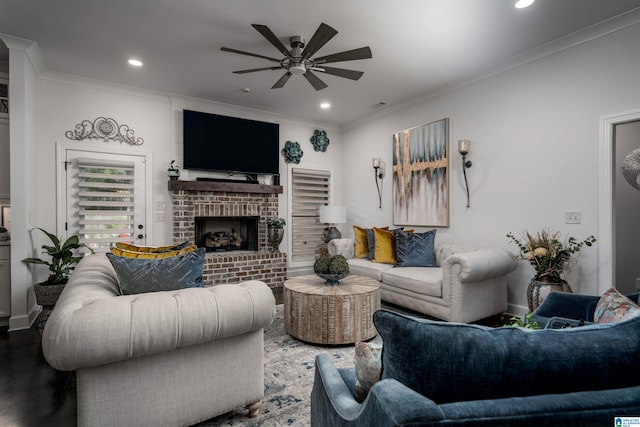 11967 Glen Ridge Blvd, Moundville, AL 35474 - living room featuring ceiling fan, recessed lighting, crown molding, and a brick fireplace